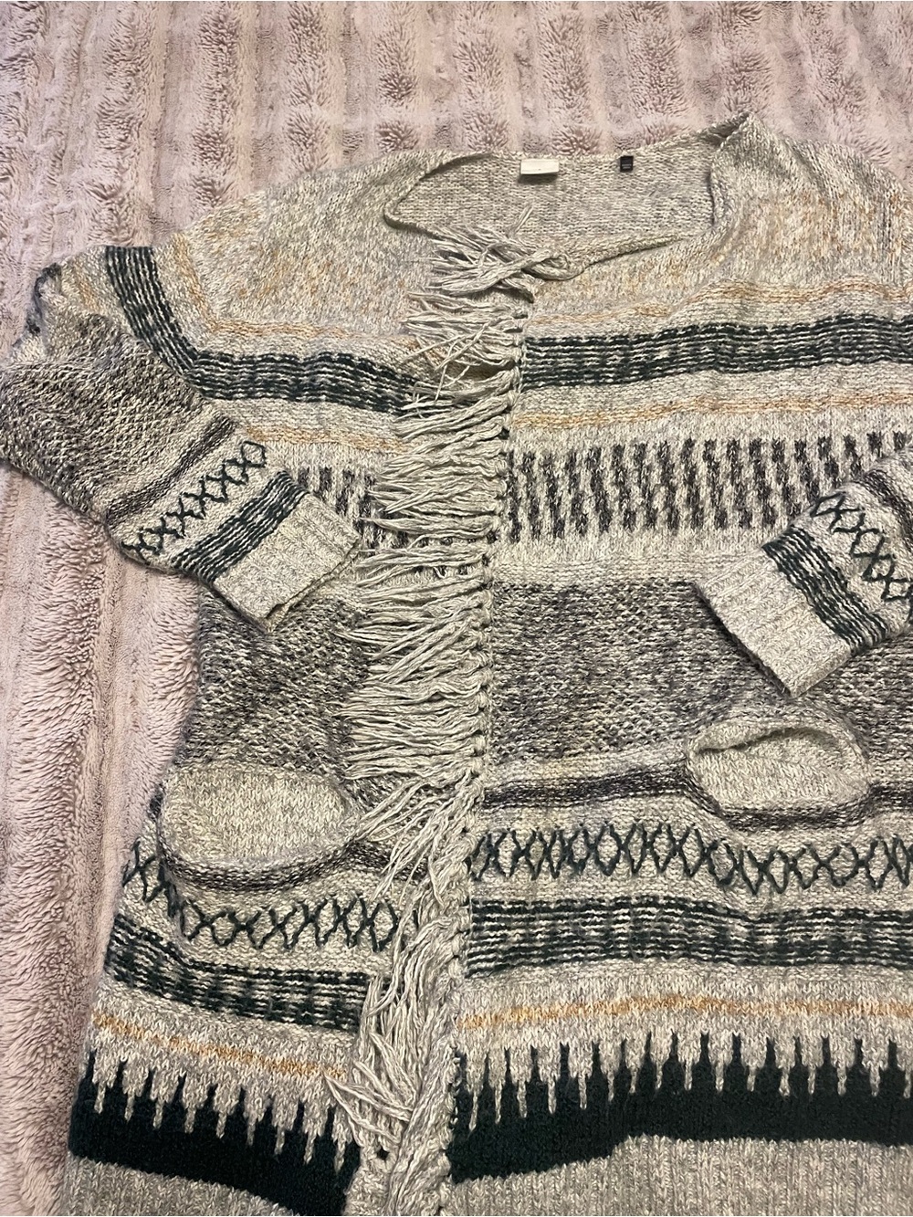 CAbi Gray Fringe Open-Front Knit Cardigan with Black & Cream Accents